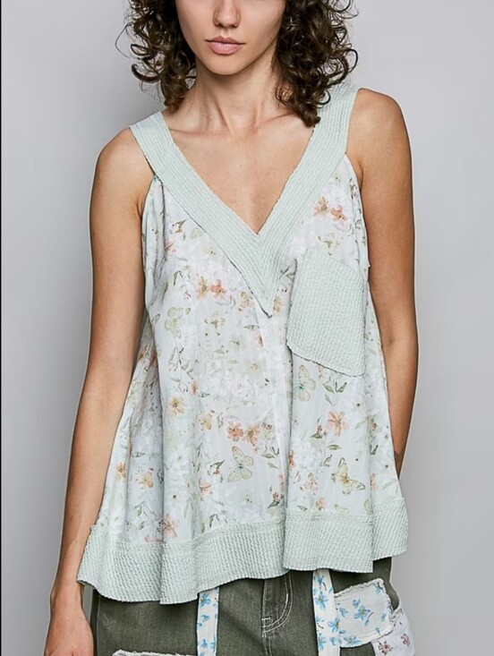 POL Tops - 304. POL Sleeveless V-Neck Floral Swing Tank in Light Mint